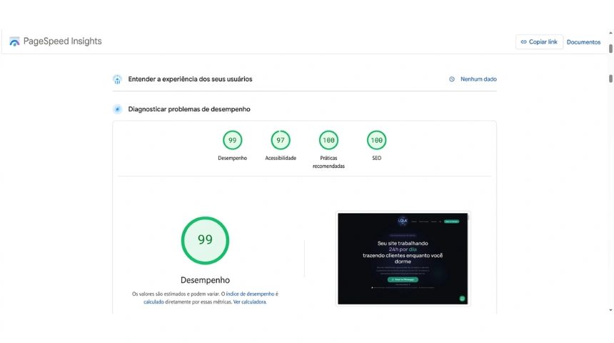 Resultado Google PageSpeed Insights — Dox Web Studio